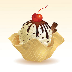 巧克力圣代香草巧克力片冰淇淋配华夫饼插画