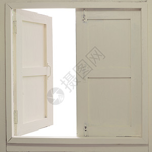 白色背景上的打开的木窗木头空白框架房子控制板房间自由窗户背景图片