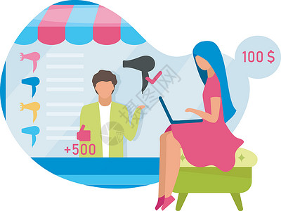 在线市场助理平面概念图标 选择在网站上有好评的产品 电子商店 女人网上购物 白色背景上的独立卡通插图插画