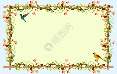 篱笆四边的彩花 下面是黄色的鸟 上面是黄色的蜂鸟 背景是黄色的背景图片