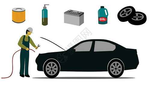 汽车螺母素材汽车服务中心正在检查白色背景上的汽车插画