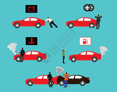 车爆胎红色汽车的展示活动展示了蓝色背景上各种类型汽车的故障设计图片