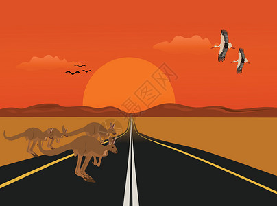 塔里木沙漠公路袋鼠在以高山和夕阳为背景的沙漠长路上奔跑插画