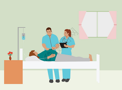 产科医生正在白色房间的床上检查一名妇女的子宫高清图片