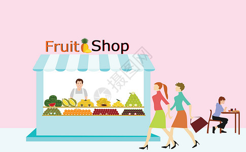 卖水果的商家站在水果店里 有人走过 背景是粉红色背景图片