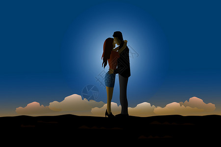 云对讲这对夫妇的轮廓正在山顶上接吻 以月光和蓝天为背景插画