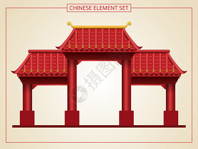 剪纸风格红色屋顶的中式门和入口旅行旅游寺庙宝塔建筑插图房子文化建筑学背景图片