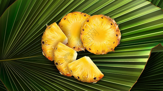 蛋白酶叶子上的一组切碎的菠萝片插画