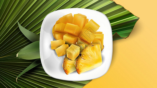 白切文昌鸡菠萝片和芒果丁在白盘和叶子上的组合物插画