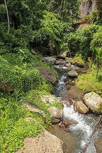 Pakerisan 山谷的河床 有狂野的水和大石头 在坦巴西林的一个殡仪馆 水流从河床上的岩石上滚过 巴厘岛 印度尼西亚 热带植背景