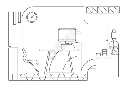 露天场所公司员工舒适的工作场所轮廓矢量图 白色背景下的当代办公环境轮廓构成 现代商务中心房间简约风格画插画
