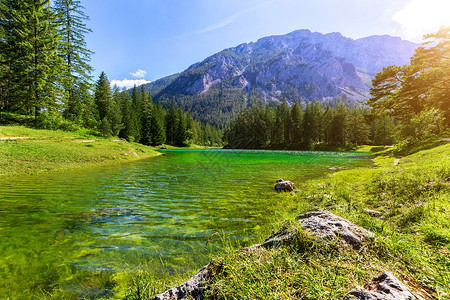 美丽的绿湖 水晶清水天空荒野环境旅行公园场景季节森林国家绿色背景图片