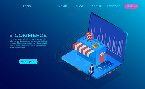 电子商务在线购物与电脑 lapto营销零售横幅店铺产品顾客命令商业互联网插图背景图片