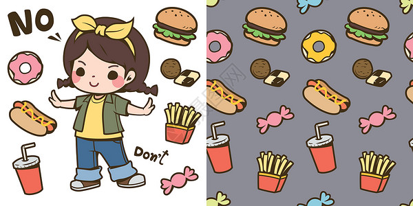 吃薯条女孩可爱的女孩和垃圾 foo插画