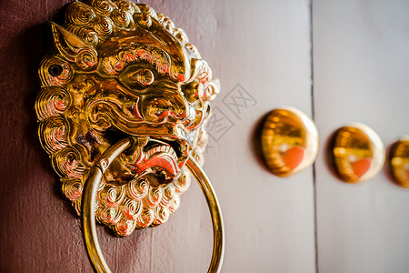 Wooden门的金金属狮子门敲钟者建筑金色文化木材建筑学红色金属门把手金子寺庙背景