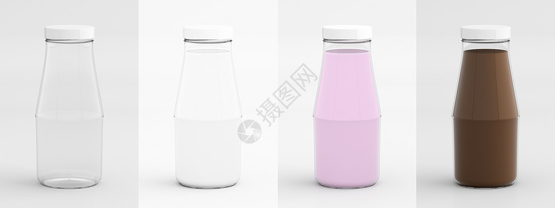 牛奶 新鲜牛奶 草莓牛奶和Ch的空玻璃杯瓶背景图片