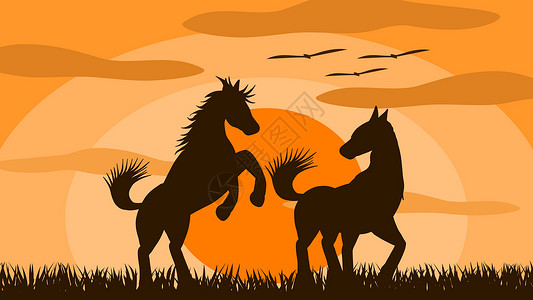 南美大草原矢量图的两个马爱好者在日落时在田野里快乐地玩耍 这是一幅展现美好爱情的图画插画