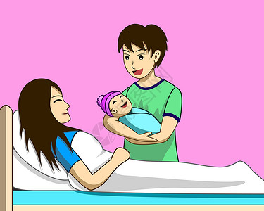 父亲的矢量插画家在母亲在医院病房分娩后休养的床边抱着一个新生儿插画