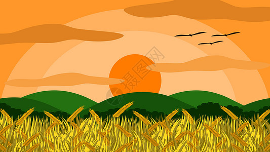 这里独好矢量图的稻田与稻谷准备积累  Beyondts 和这里是树山 日落的时候气氛很好 这是一幅美丽的自然图画插画