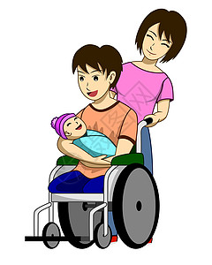 夫妻老婆店一个双腿受伤的残疾人 他坐在轮椅上 抱着他的孩子 而且身边还有老婆要照顾 多么幸福的一家啊 它有白色背景插画