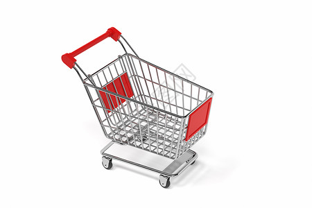 白色背景的空购物车 3D翻接大车销售零售红色顾客购物商业营销市场金融背景图片