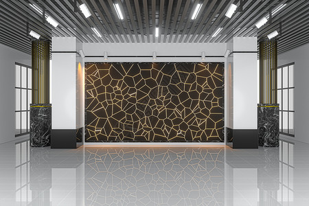 金色的裂缝墙 在大展厅 3D铸造风格天花板陈列室奢华渲染房子建筑学画廊建筑辉光背景图片