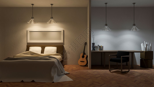 3d张床枕头色温寝具装潢阁楼风格奢华褐色公寓工作背景