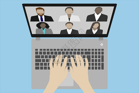 互联网技术团队手放在键盘上的笔记本电脑矢量插图顶视图上的视频会议插画