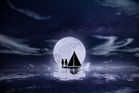 满月夜在船上的情侣们背景图片