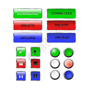 下载上传删除玻璃按钮  Web 按钮图标播放停止暂停按钮下载栏上传删除圆形按钮 红蓝绿背景图片