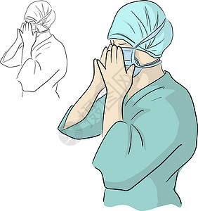 医生戴着带防护头罩 vect 的外科口罩插画
