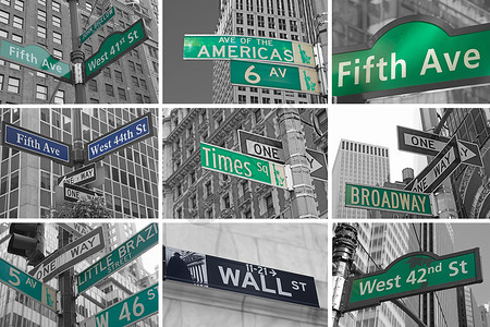 邻里公约与 纽约公约 不同的道路和街道标志吸引力城市旅游交通数字建筑角落大街金属绿色背景