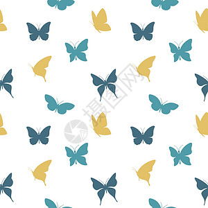 黄色飞舞蝴蝶蓝色和黄色无缝图案中飞舞的蝴蝶插画