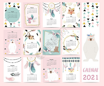 宝宝日历素材2021 年涂鸦粉彩波西米亚日历 带羽毛 金色几何图形设计图片