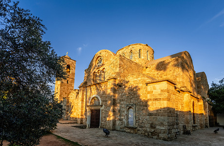 赛德法巴斯圣徒巴纳巴斯修道院和日落的钟楼背景