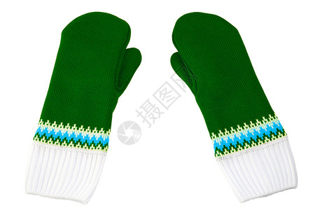 在白色背景上隔离的绿色和白色编织手套羊毛衣服天气配饰季节背景图片