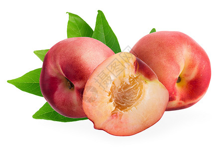 红色桃子在白色背景上分离的精美新鲜果子油桃食物桃子水果绿色圆形红色黄色背景