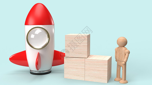 火箭和木头立方体图玩具 3d 渲染启动 conte背景图片
