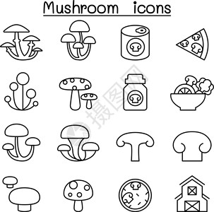 地衣化设置在细线样式中的蘑菇图标插画