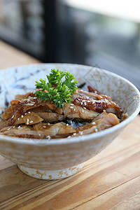 日式日本食品 鸡田鸡和有米饭的木本油炸食物美食烹饪教师炙烤大学沙拉餐厅盘子背景图片