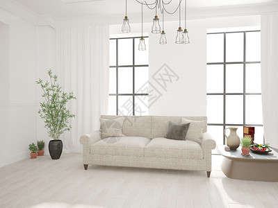 现代房间 有沙发 小草坪 可坐 空房 植物和窗帘背景图片