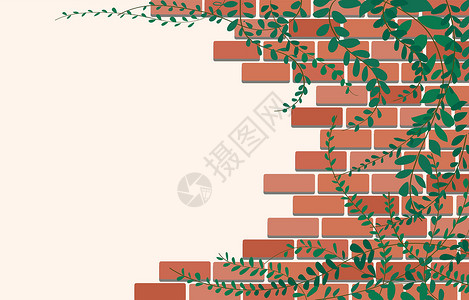 生态砖外套纽扣在砖墙上的墨西哥雏菊植物和空间背景艺术 vecto爬行者石头植物学叶子生态水泥花园公园材料墙纸插画