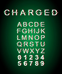 带电故障字体模板 复古未来派风格矢量字母表设置在绿色背景上 大写字母数字和符号 充满能量的字体设计 带有失真效果背景图片