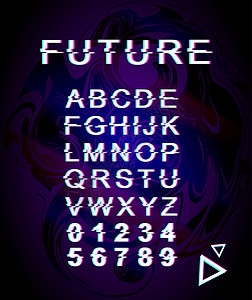 共创未来艺术字未来的故障字体模板 复古未来派风格矢量字母表设置在紫色彩虹色背景上 大写字母数字和符号 具有失真效果的时尚字体设计设计图片