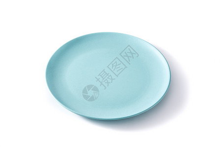 白背景上的清蓝色板块圆形小样食物厨房陶器盘子白色背景图片