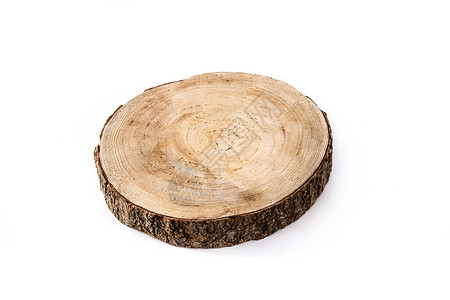 切碎的木板块厨房盘子食物小样木头圆形树干白色背景图片