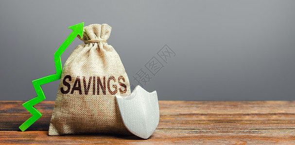 奖金分红素材储蓄袋 绿色向上箭头和盾牌 保护基金和投资 安全扣押和扩充 存入银行 有利可图的安全投资 经济稳定繁荣 养老金背景