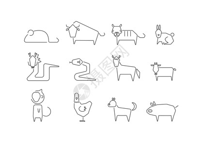 动物图标兔子牛在白色背景上设置的十二生肖动物图标标签财富标识吉祥物八字奶牛母鸡收藏传统文化插画