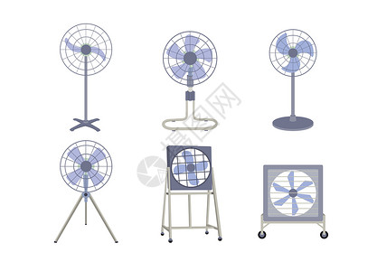 风扇叶片一组在白色背景下隔离的工业风扇力量插图安全技术桌子圆圈地面天花板蓝色旋转插画