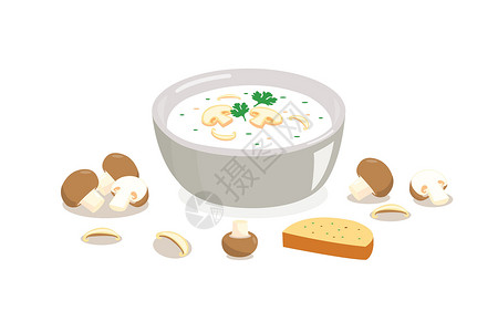 白色高脚印花碗碗里的蘑菇汤 白色背景中突显的面包陶瓷杯子卡通片盘子餐厅厨房午餐烹饪奶油菜单插画